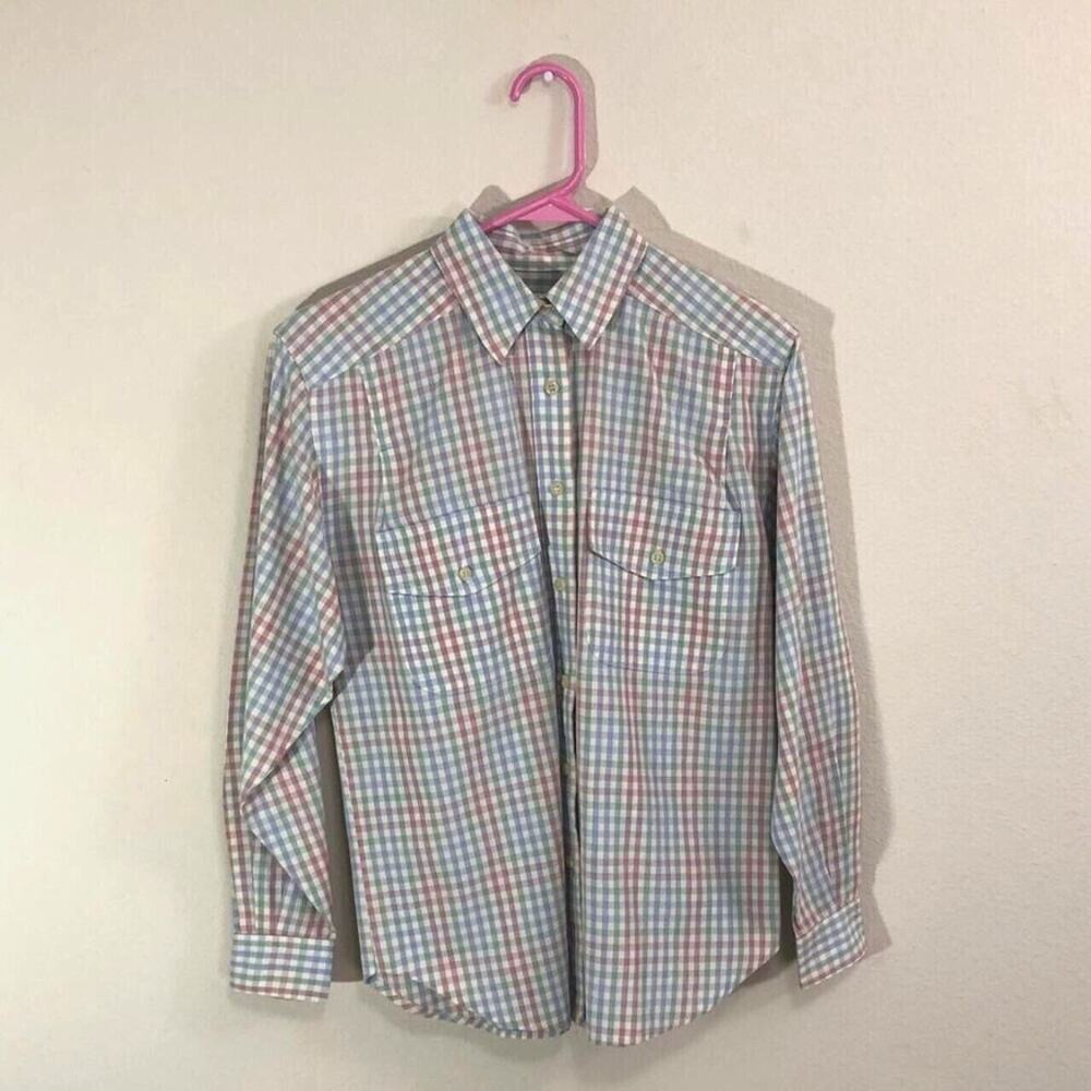 Karen Scott Approx Size M/L Pastel Plaid Button Up Shirt Casual Preppy Easter